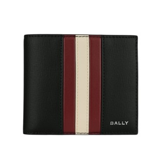 BALLY Mythos 紅白條紋再生牛皮對開8卡短夾(黑色) 6308573