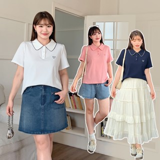 CCGIRL中大尺碼 小愛心♡刺繡娃娃領正肩短版上衣(可開釦)-共3色-適L～4L《32187》大尺碼女裝 中大尺碼上衣