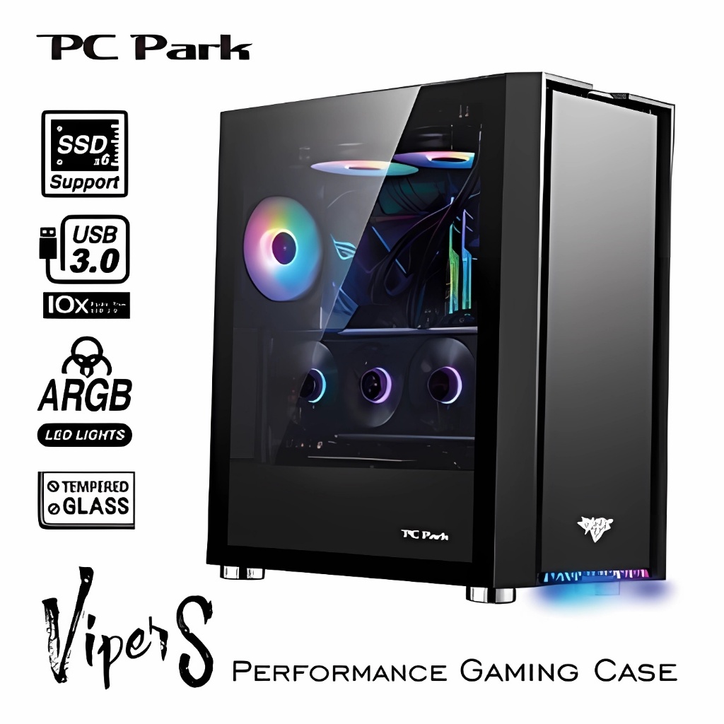PC Park 測透強化玻璃 多功能接孔 多硬碟空間 相容性高 支援水冷 Vipers  直立電腦機殼