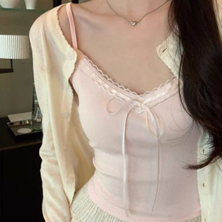 FUXI 純欲蕾絲花邊背心女 小可愛 細肩帶背心 甜美蝴蝶結修身吊帶背心 帶胸墊背心 短板背心 無袖上衣 女裝 衣服