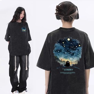 免運 貓咪仰望星空 純棉T恤 短袖上衣女 水洗做舊 大碼 oversize 寬鬆上衣 美式復古 夏天衣服 韓國 長版上衣