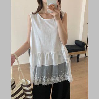 Want-Meow招財貓旺鋪/臺灣出貨/100公斤可穿日系百搭下擺拼接蕾絲吊帶大尺碼背心