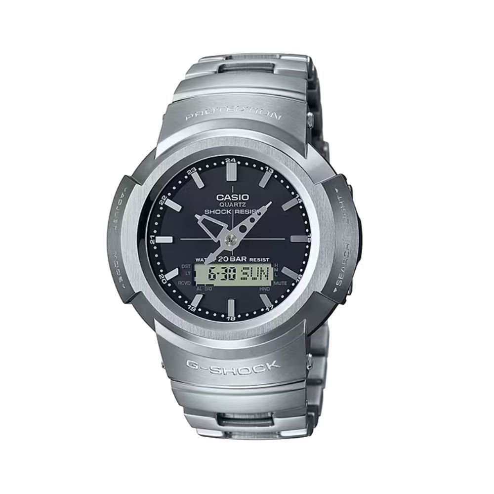 【CASIO 卡西歐】G-SHOCK 太陽能電波雙顯手錶 銀_ AWM-500D-1A_44.5mm