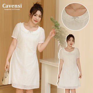 【Cavensi】約會超推 蝴蝶結白色洋裝 夏季甜美娃娃領 大尺碼收腰連身裙女 法式泡泡袖洋裝 短洋裝白色 S28