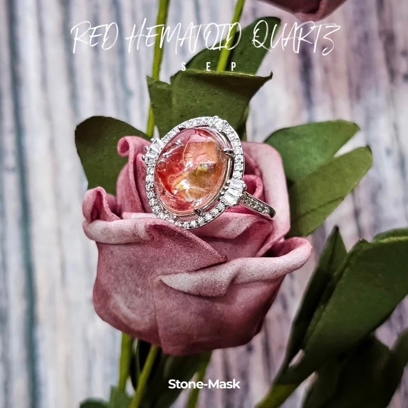石鬼面🔅天然 高品 紅黃膠花 水晶 蛋型 豪鑲 純銀戒 RHQ-05