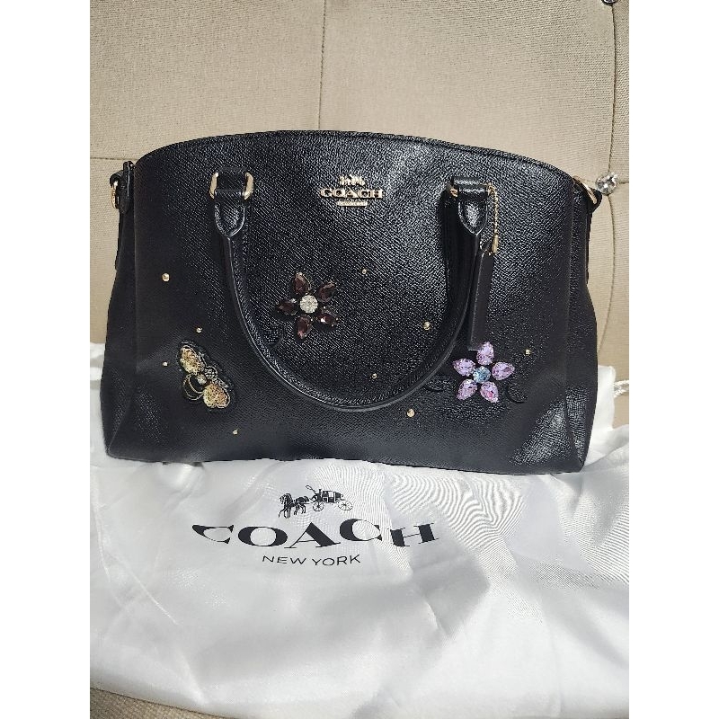 COACH女士寶石皮革鼠尾草手提包斜垮包黑色