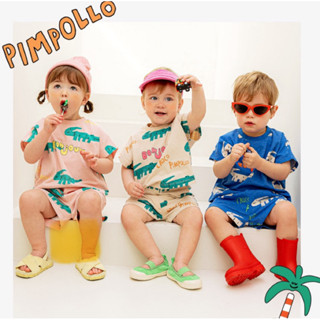 韓國Pimpollo✨90-130號 粉/藍/米 滿版鱷魚短袖套裝 短袖上衣 短褲 鬆緊帶短褲 純棉 男童 女童 夏天