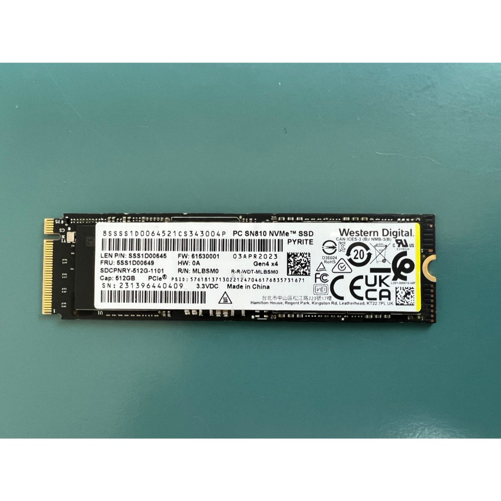 【WD】SSD PC SN810 512GB(拆機新品)