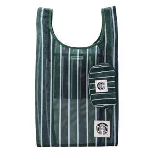 妞妞小舖 星巴克 starbucks 綠色直紋網布隨行收納袋 購物袋 托特包零錢包 限量 免運