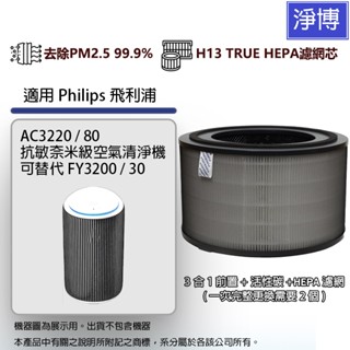 適用Philips飛利浦AC3220 / 80 抗敏奈米級空氣清淨機替換用除臭活性碳高效HEPA濾網濾芯替代FY3200