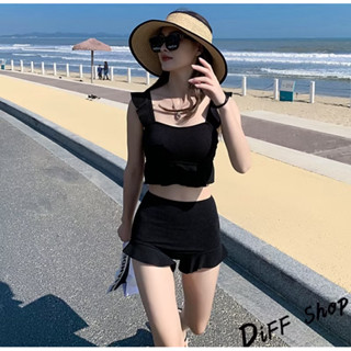 轉賣【DIFF】韓版方領保守顯瘦兩件式泳衣 帶胸墊 保守泳衣 泳裝 套裝 上衣 比基尼 女生泳衣
