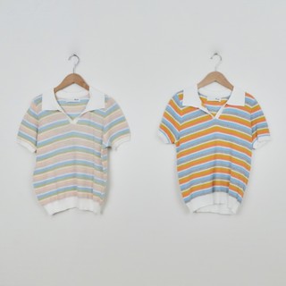 【Dailo】彩虹條紋半開襟短袖針織上衣 粉 灰 (魅力商品)