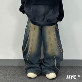 [HYC] 韓國男裝 仿舊 抽鬚 闊腿 潮搭 休閒 直筒 寬鬆 拼接 做舊 牛仔褲 小眾設計 流蘇造型 長褲 彎刀課