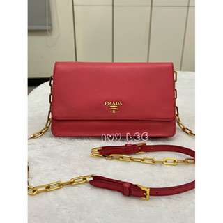 PRADA 皮夾包 肩揹包 斜揹包 鏈條 Woc 皮革 桃紅色1M1405 正品 二手精品