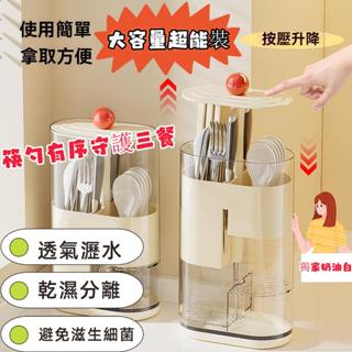 【臺灣現貨】筷子筒 筷子收納盒 餐具收納盒 瀝水筷籠 餐具盒 廚房置物架 防塵防水 透明防塵大容量 餐具收納 升降筷子桶