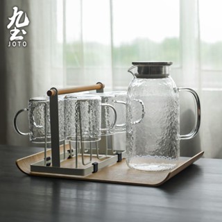 九土錘紋玻璃涼水壺套裝大容量冷水壺家用耐高溫可直火加熱白開水杯套裝高硼矽玻璃茶壺把手水杯一壺兩杯四杯六杯CHR0654
