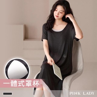 Pink Lady 罩杯式 慵懶貓語 涼感螺紋布 短袖睡裙 連身睡裙 春夏 圓領 柔感 女睡衣 居家服 13082