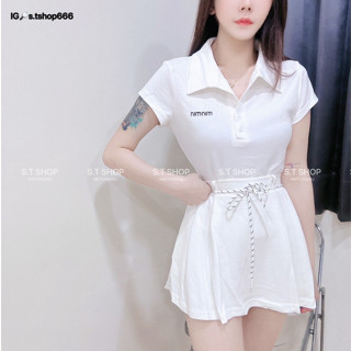 【S.T SHOP現貨】7113減齡系列-襯領刺繡上衣+綁帶散擺褲裙 套裝 洋裝 排釦上衣 合身T 短裙 學院風 休閒