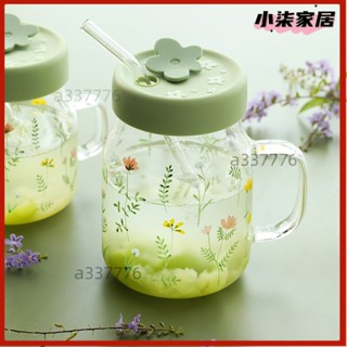 藍蓮花水杯 把手玻璃杯 ins刻度馬剋杯 吸管杯簡約造型玻璃杯子 高顏值水杯 網紅大容量水壺耐熱玻璃杯花花水瓶