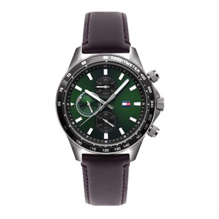 Tommy Hilfiger 灰框 綠面 紫咖啡色皮革錶帶 雙時區顯示腕錶 44mm 手錶 中性錶 男錶 1792017