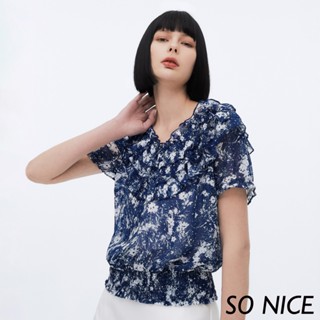 SO NICE【特惠】碎花雪紡蛋糕V領上衣｜都會時尚女裝【75331022】