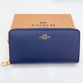 [小鄉衣櫃]過季展示品-F52372-COACH素色皮革拉鍊長夾-藍-美國outlet正品