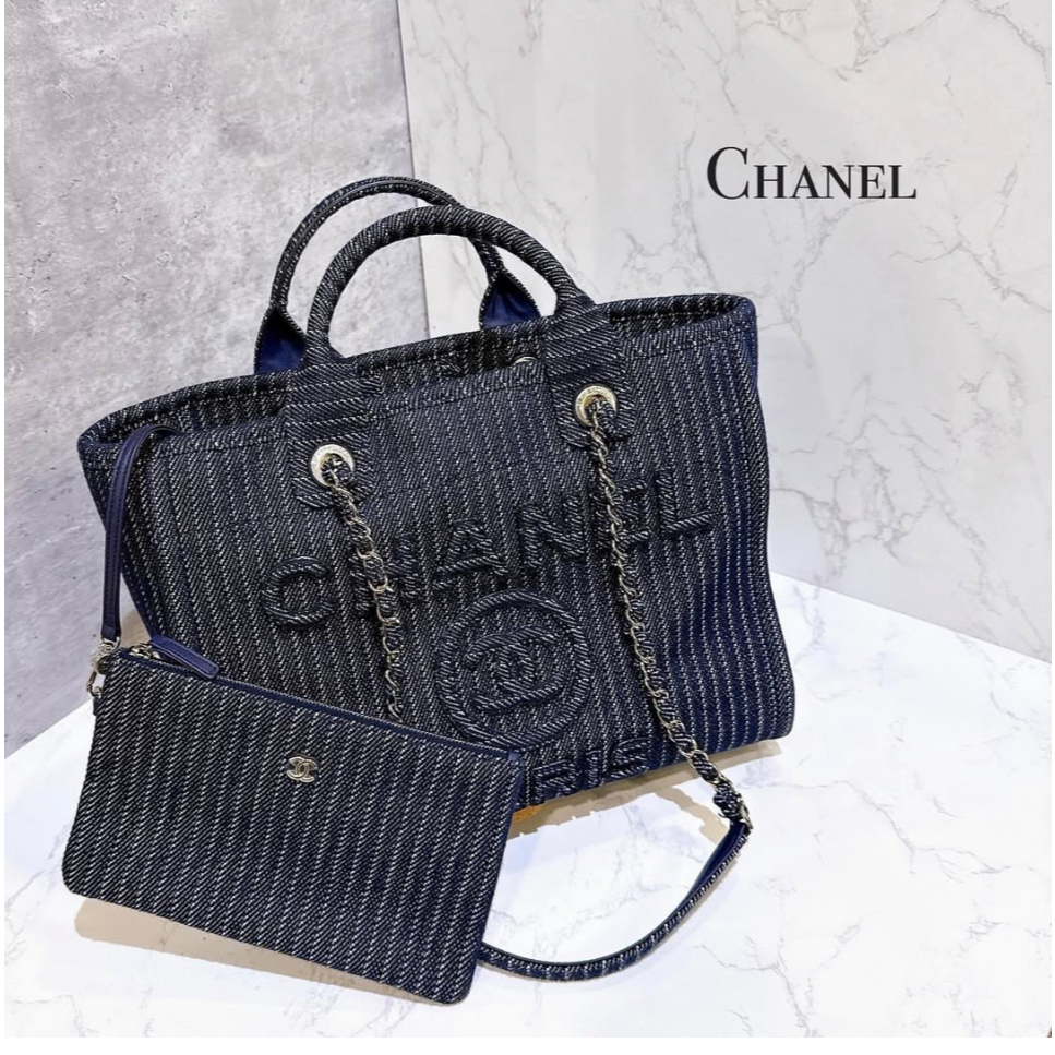 二手旗艦 CHANEL 香奈兒 深藍色 條紋 牛仔 沙灘包 銀鍊 肩背包 手提包 托特包 兩用包(中友店)