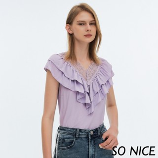 SO NICE【特惠】蕾絲荷葉V領上衣｜都會時尚女裝【75331027】