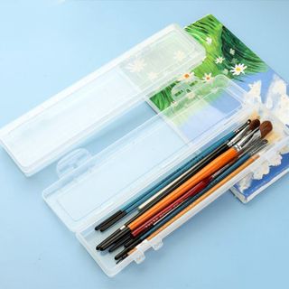 [臺灣現貨]畫筆透明收納盒 零件盒 畫筆盒 毛筆盒 文具盒 儲物盒 筆盒 整理盒 美術生專用盒 便攜工具箱 加長收納盒