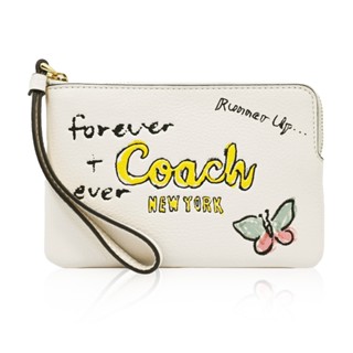 COACH 塗鴉插畫LOGO荔枝紋皮革拉鍊手拿包 萬用包 白色
