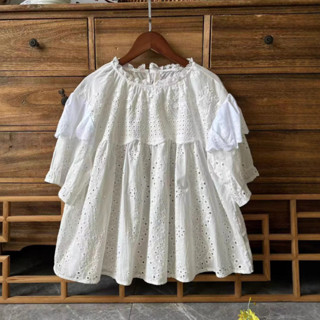 《露西女孩》宮廷風精緻風琴褶刺繡上衣小衫 花邊織帶圓領滿繡短袖棉襯衫女-6月上新!