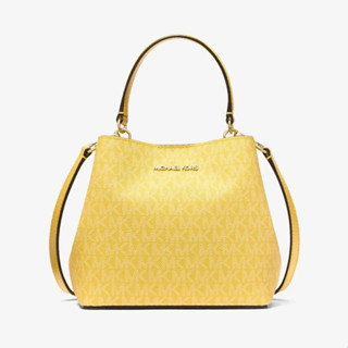 【美麗小舖】MICHAEL KORS MK 黃色老花防刮PVC塗層帆布 水桶包 側揹包 斜揹包 手提包~M83831