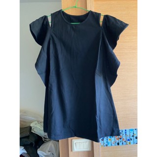 韓系知性簡約氣質浪漫波浪荷葉袖露肩長版上衣/短洋裝