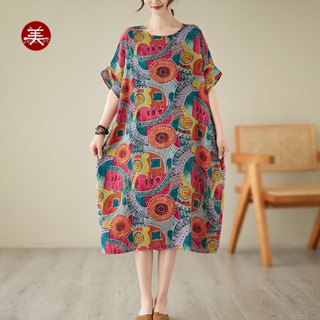 YP 218 短袖 棉麻洋裝 連身裙 連衣裙 大尺碼女裝 春夏 寬鬆 阿美氏 波西米亞 民族風