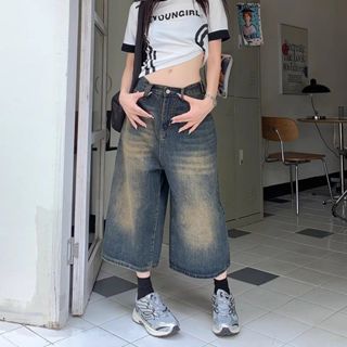 壹禾YIHOO~隔日達 七分褲 7分褲 牛仔短褲 七分褲女 美式短褲 復古 闊腿褲 七分牛仔褲 夏季薄款 設計感 短褲
