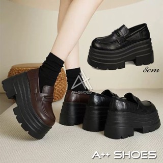 A++👞 皮鞋 厚底粗跟小皮鞋 鬆糕樂福鞋 8cm小個子增高單鞋 超厚底皮鞋 百搭顯瘦鬆糕樂福 學生鞋 黑皮鞋 ~ 正常