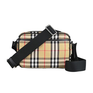 BURBERRY Paddy內壓印字LOGO英倫風格紋設計帆布飾邊牛皮拉鍊斜揹包(男款/米x卡其)