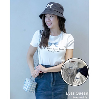 [Eyes Queen]現貨 圓領印花蝴蝶結短T 短版上衣 素面T恤 內搭衣 圓領T 蝴蝶結上衣 短袖上衣 蝴蝶結T恤