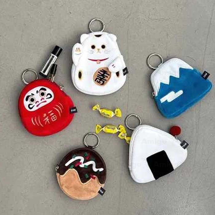 阿米購 日本 和風 日式 吉祥物 鑰匙圈 拉鍊零錢 收納小物包 吊飾  達摩 招財貓 富士山 章魚燒 飯糰
