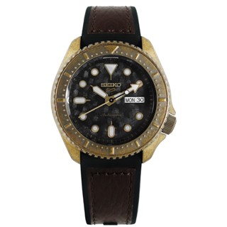 SEIKO 精工 / 5 Sports 機械錶 復古仿舊 壓紋矽膠手錶 黑x古銅金框x咖啡 /SRPE80K1/41mm