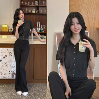 【CHING'S自訂】薄針織質感灰翻領釦短袖短版上衣 女裝 衣服 針織 鈕扣 舒適 柔軟 polo領