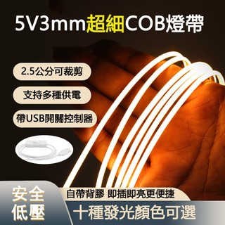 usb超細3mm電視機氛圍燈 超窄cob燈帶 低壓玩具氛圍燈 高亮軟燈條 led燈帶 自粘 帶USB介面 車模型燈 客制