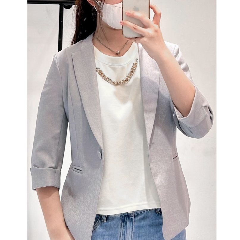 ONI CLUB 折袖口袋剪裁西外 現貨 (白/灰 - L/XL) 正韓 女裝 上班