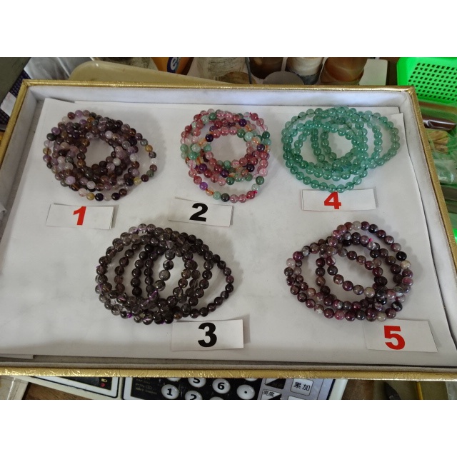 紫鈦水晶7mm*鈦晶超八水晶7mm*黑極光水晶7mm*綠草莓水晶7mm*粉紅碧璽7MM手珠鍊→A62