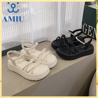 AMIU【現貨➕預購】韓版設計 小香風珍珠涼拖鞋 小眾拖鞋 仙女風 線條涼拖鞋 厚底涼鞋 鬆糕鞋底 網紅外出必備 涼鞋