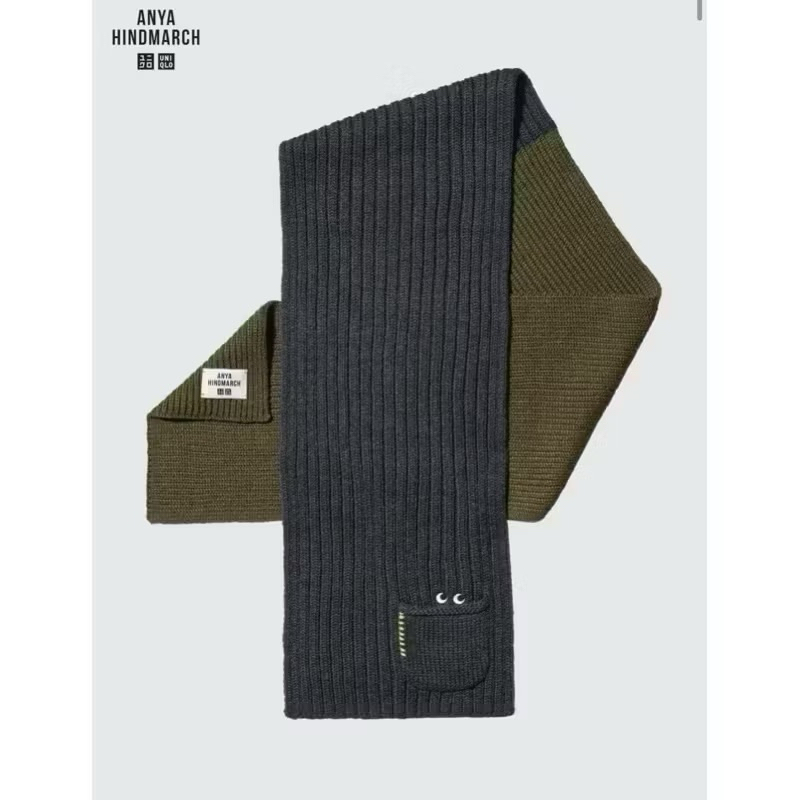 日本UNIQLO×ANYA HIND MARCH眼睛系列 針織圍巾-軍綠灰