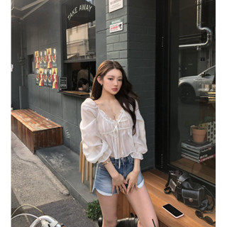 🇰🇷Korea韓國連線·正韓 抓皺綁帶棉麻娃娃衫 上衣 襯衫 荷葉邊上衣 棉麻上衣 泡泡袖 長袖襯衫 韓國製女裝