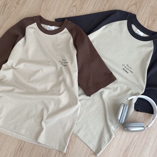 【FJstore】美式 草寫logo 條碼 拼接 棒球袖 短T 短踢 寬鬆 落肩 圓領 短袖上衣 男生短袖 女上衣 情侶