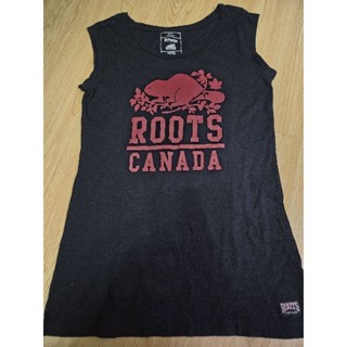 roots Canada 女大人 大logo 無袖 深灰 長版 上衣 背心 S