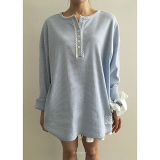 韓國東大門設計師檔口chapter 日常散步溫柔條紋蕾絲領口長袖上衣 T恤 tshirt